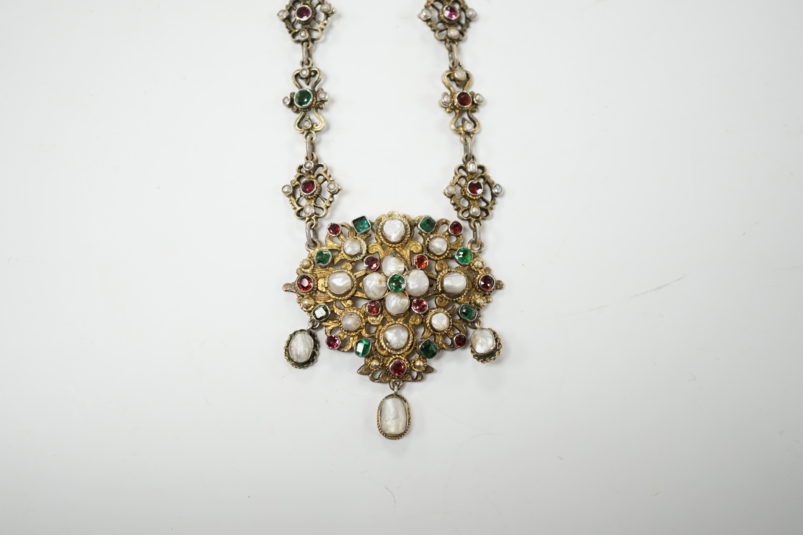 A 19th century Austro-Hungarian baroque pearl and gem set silver gilt necklace, 23cm